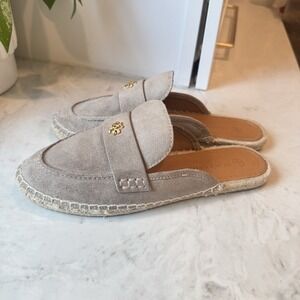Tory Burch Seaside Mule Espadrille Suede Leather Taupe Shoes Women's 7 EUC